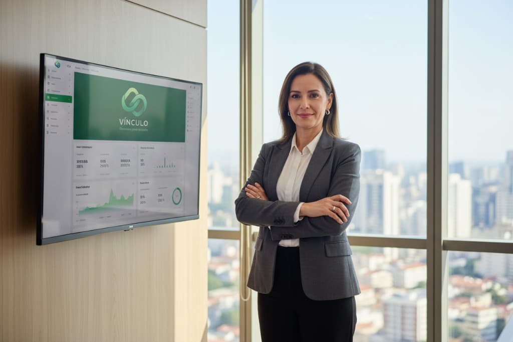 Executiva ao lado de tela com dashboard Vínculo