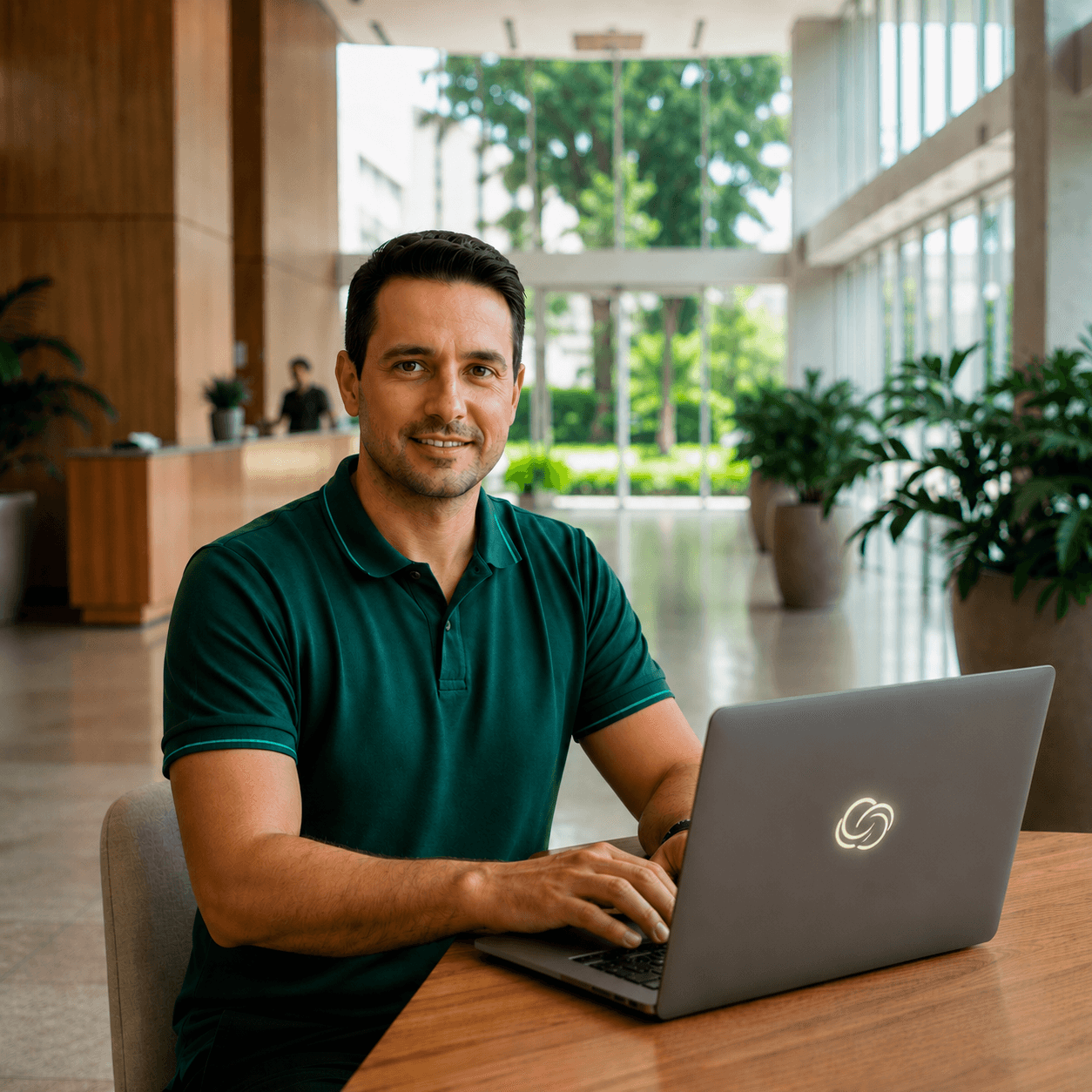 Gestor em lobby moderno trabalhando no notebook - ambiente profissional de condomínio