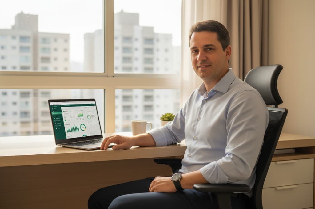 Síndico a consultar o painel Vínculo no portátil